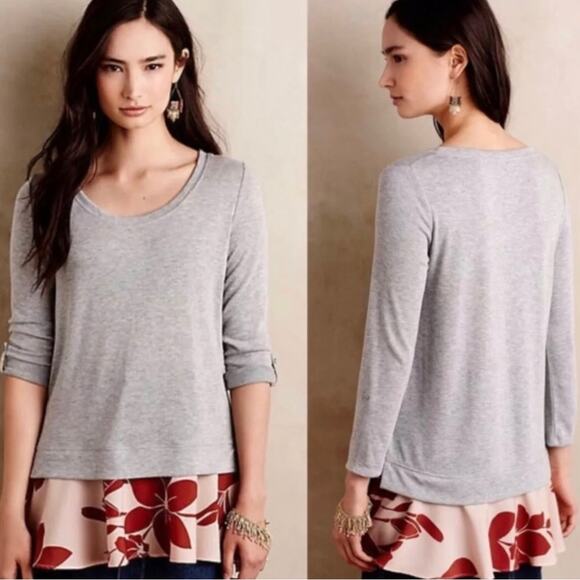 Little Yellow Button Gray Long Sleeve Layered Shirt Top peach red floral - Picture 1 of 8